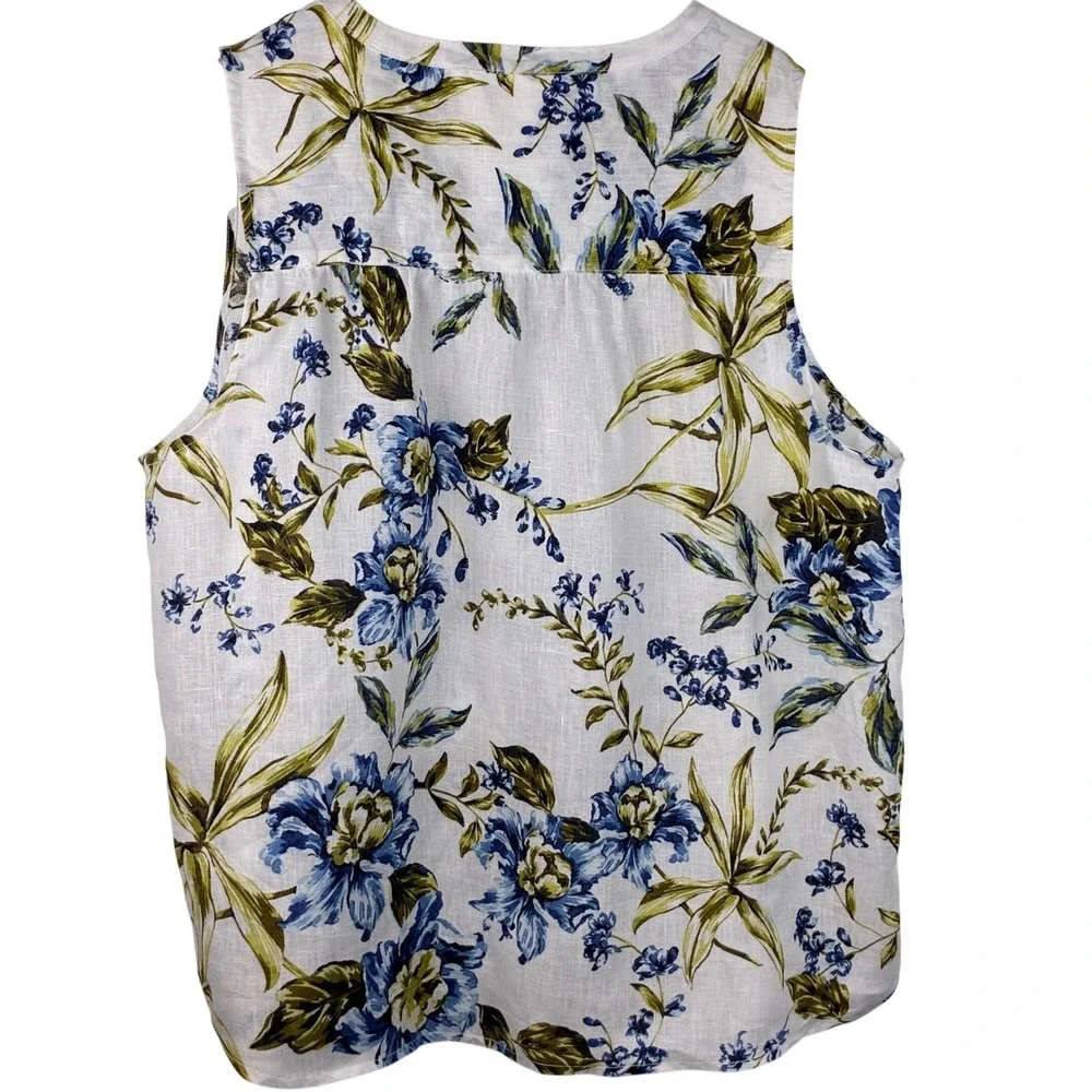 Joie XL 100% Linen Blue Floral Sleeveless Split Neck Button Front Blouse - Picture 4 of 8